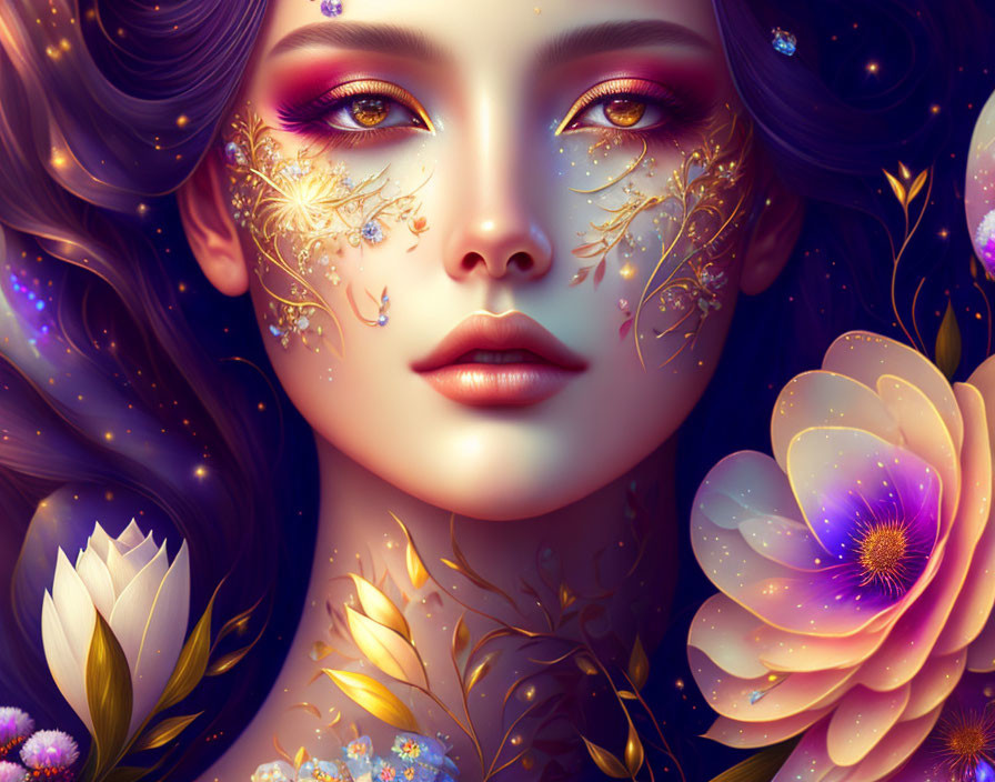 Illustration: Woman with ethereal beauty, vibrant flowers, golden foliage, mystical ambiance