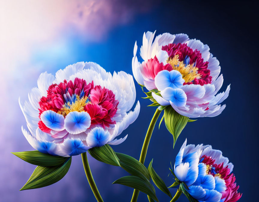 Colorful Peonies on Blue and Purple Gradient Background