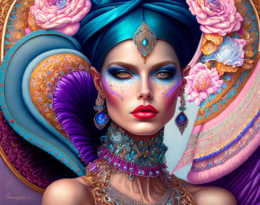 Illustrated woman with ornate jewelry and turban, surrounded by pastel flowers and striking blue eyes