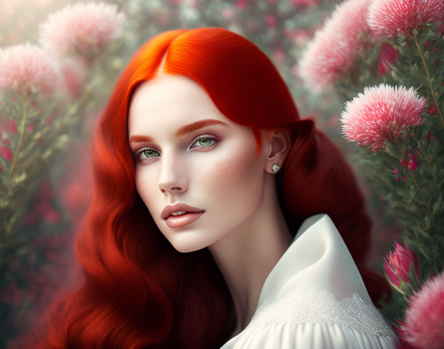 Portrait of Woman with Red Hair and Green Eyes in Pink Blossoms