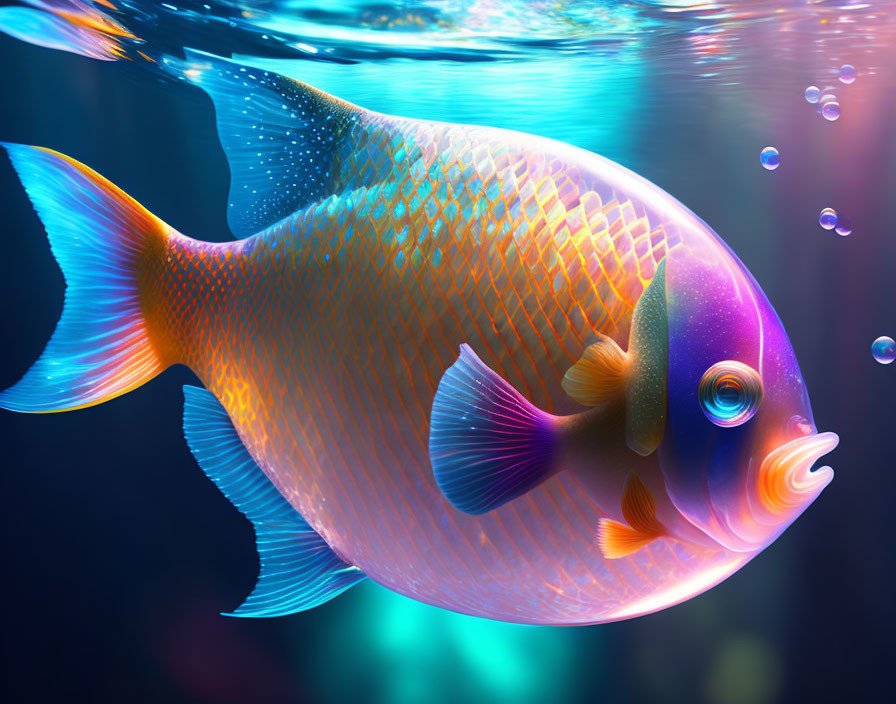 Colorful digital illustration: orange and blue fish with exaggerated features swimming underwater among bubbles