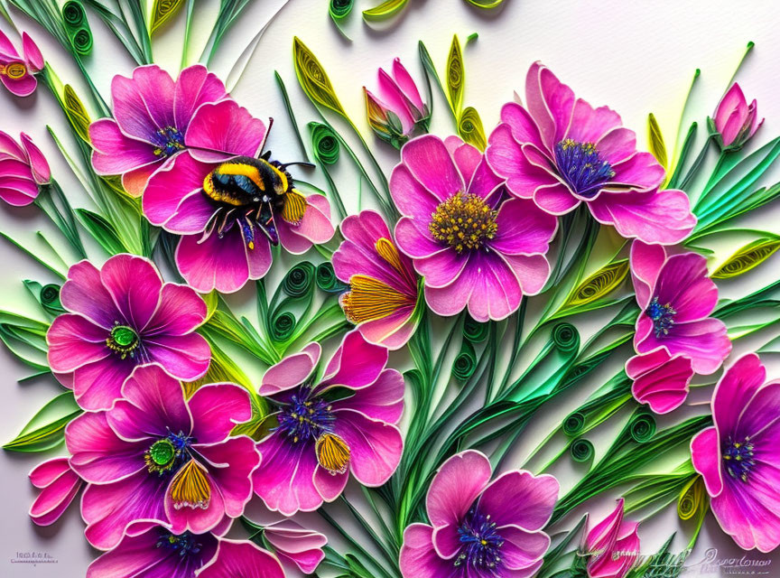 Colorful pink paper flowers and quilled green foliage with a paper bee.