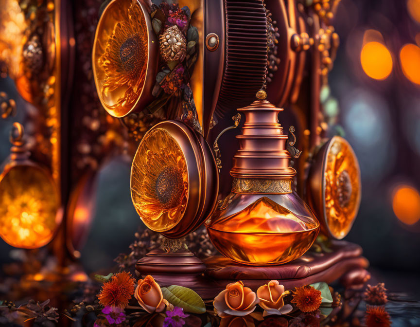 Amber Glass Perfume Bottle with Gold Details and Flowers on Warm Bokeh Background