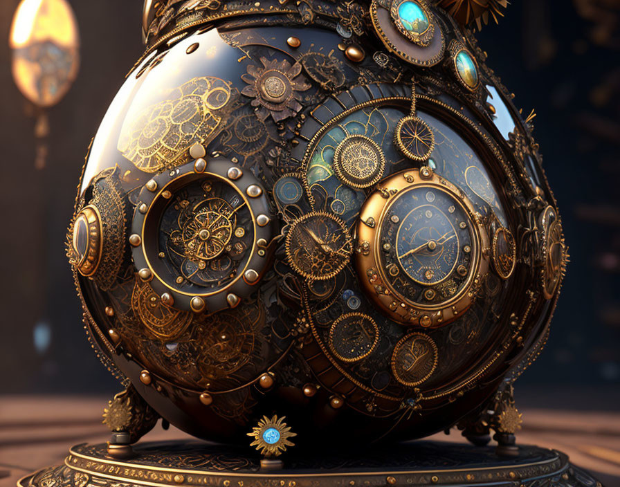 Detailed Close-Up of Ornate Mechanical Sphere with Golden Gears and Cogs