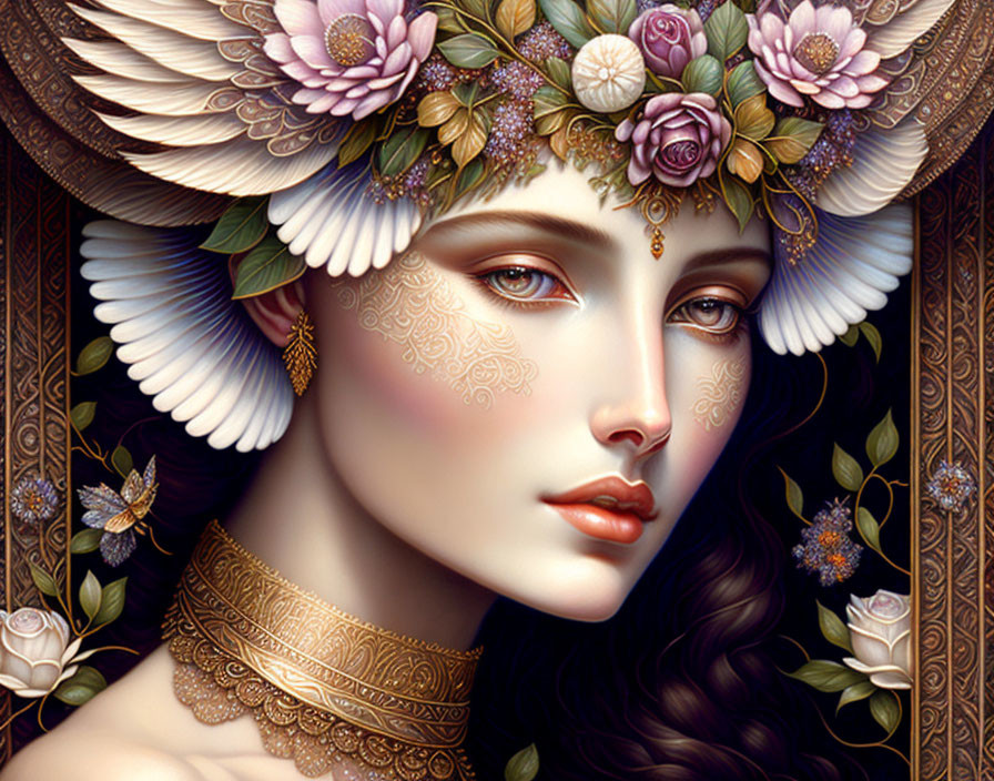 Detailed artwork of woman with floral headdress, gold jewelry, body art, and moths.