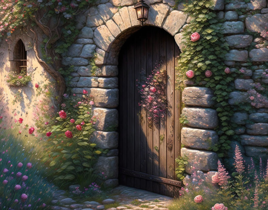 Rustic wooden door in stone wall with lush greenery and roses