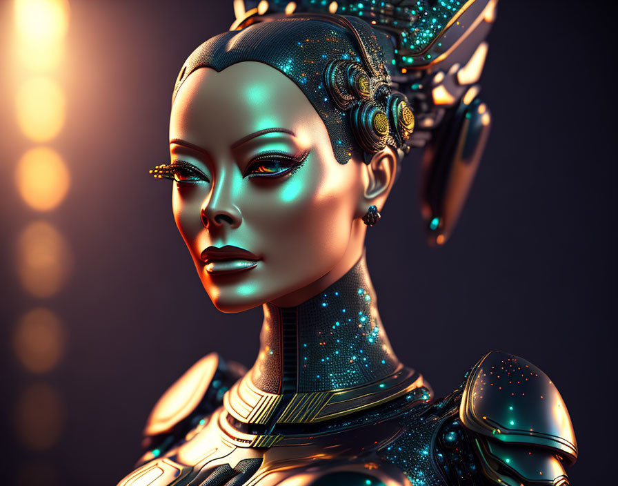 Female humanoid robot with blue cybernetic patterns and futuristic headpiece on dark background