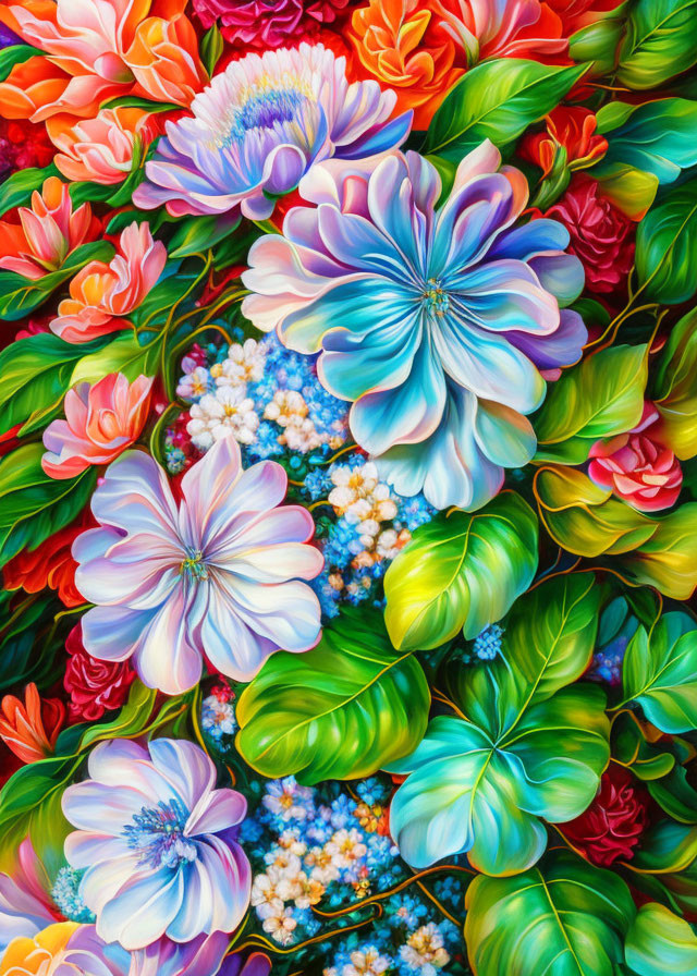 Colorful Flower Painting with Large Blue Blossoms and Lush Greenery