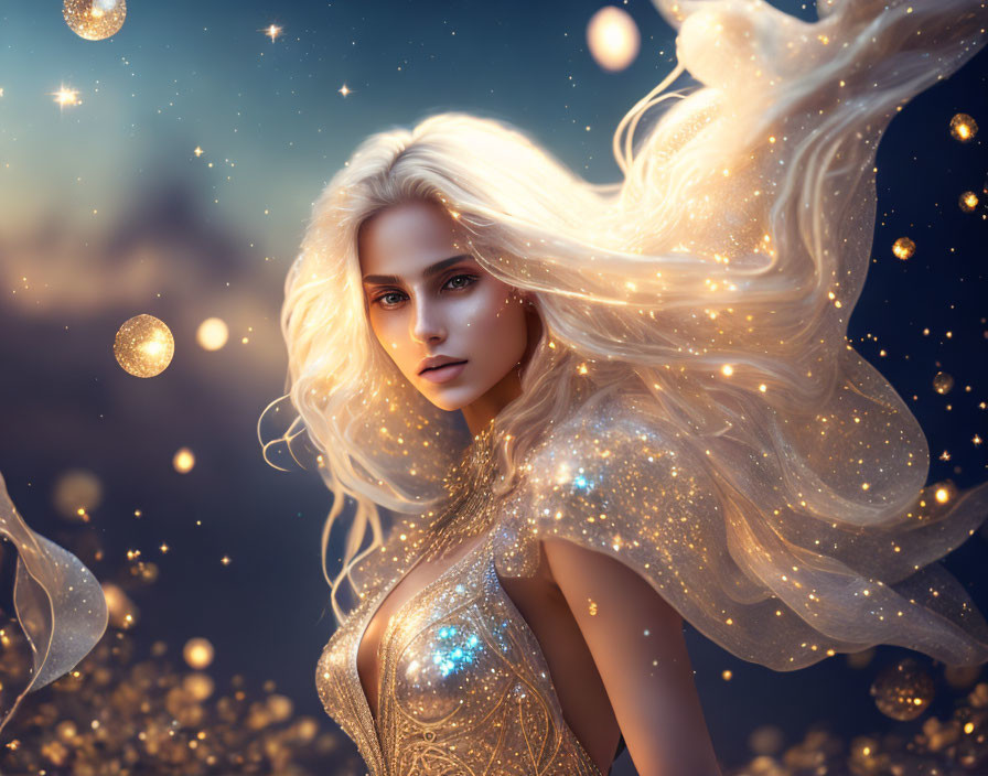 Blonde woman in gold dress with floating orbs on twilight background