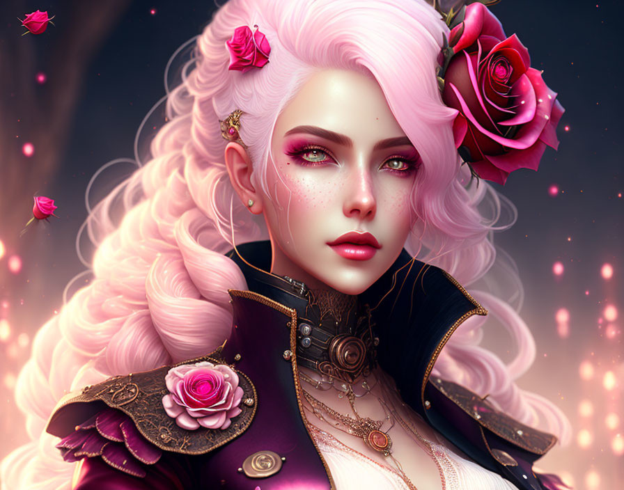 Fantasy portrait: Woman with pink hair, rose adornments, detailed armor, gold accents, on