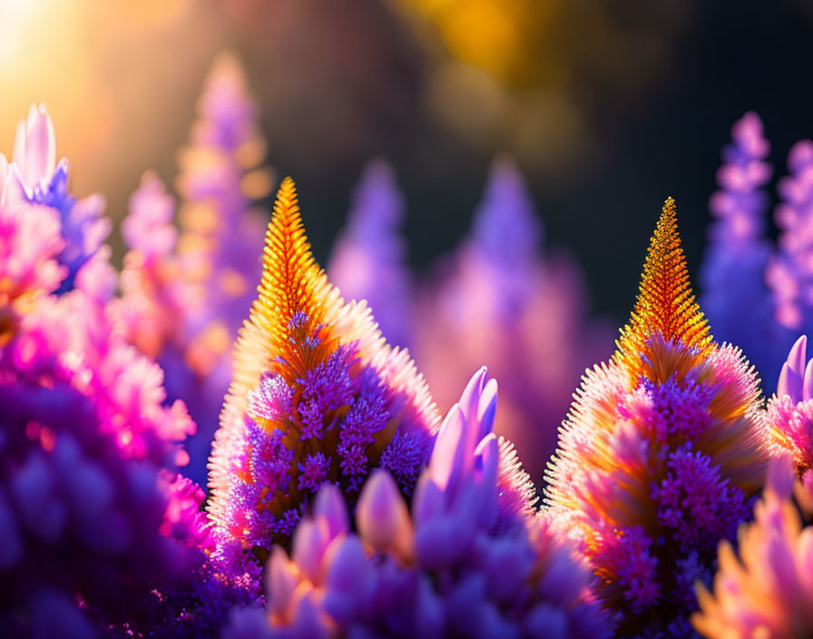 Purple Flowers Bathed in Golden Sunlight with Soft-Focused Background