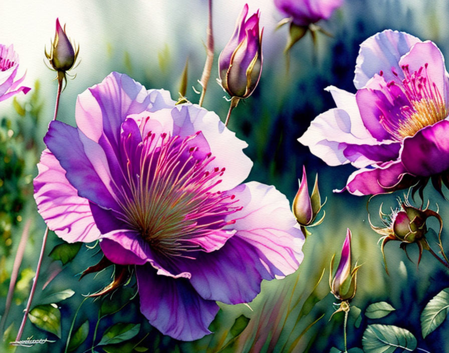 Vibrant Purple Flowers with Prominent Stamens in Sunlight