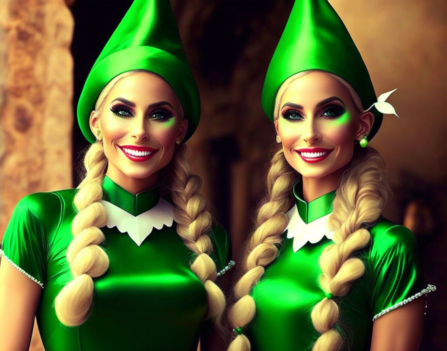 Two women in matching green elf costumes with braided hair smiling