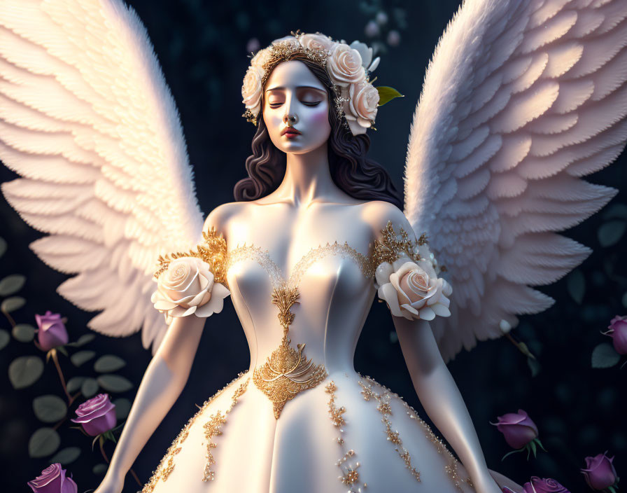 Angelic figure with white wings and elegant gown among dark foliage