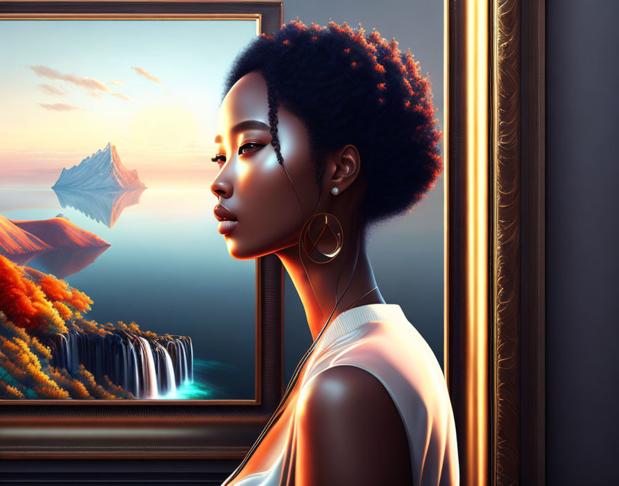 Digital artwork: Woman with afro in profile view gazes at surreal landscape