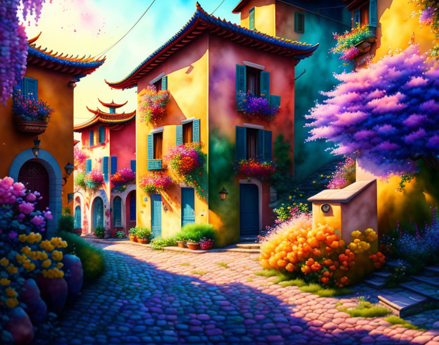 Colorful street with picturesque houses and blooming trees in golden sunlight