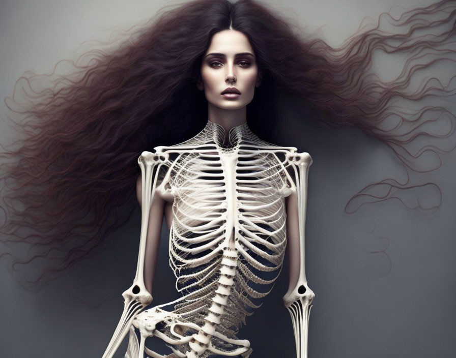 Stylized image of woman with long flowing hair and skeletal body