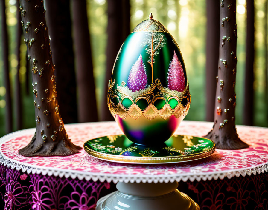 Intricate jeweled egg on stand with vivid colors, forest backdrop