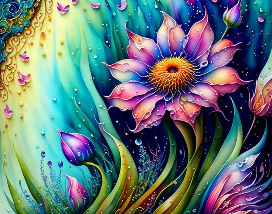 Colorful surreal flower with dewdrops, swirling colors, leaves, and butterflies