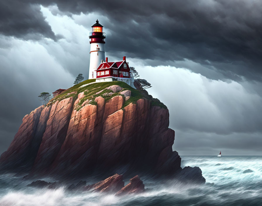 Dramatic scene of lighthouse on rocky cliff with stormy ocean.