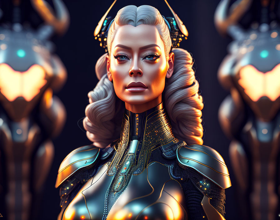 Female humanoid robot in gold and blue armor with intricate details, alongside two similar figures in the background