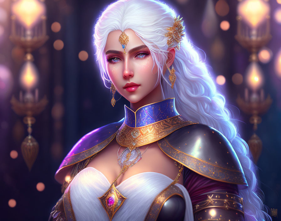 White-haired female character in golden armor among glowing lanterns