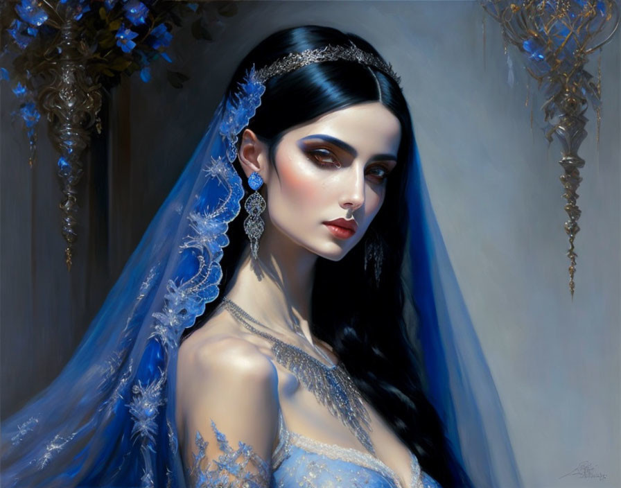 Portrait of woman in blue bridal gown with dark hair and lace veil