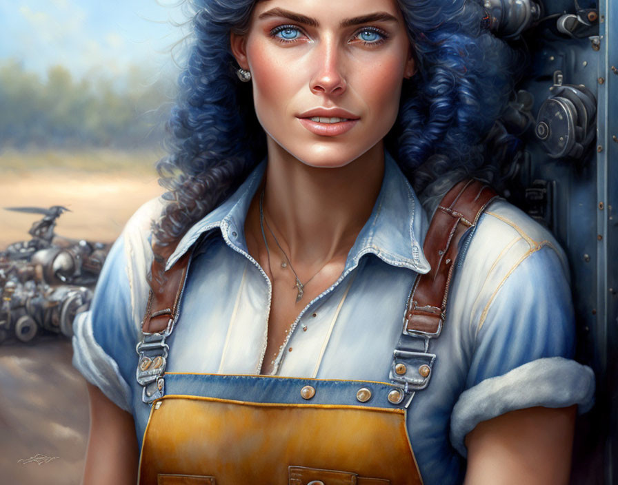 Woman with Blue Curly Hair in Denim Shirt and Yellow Overalls Standing by Machinery