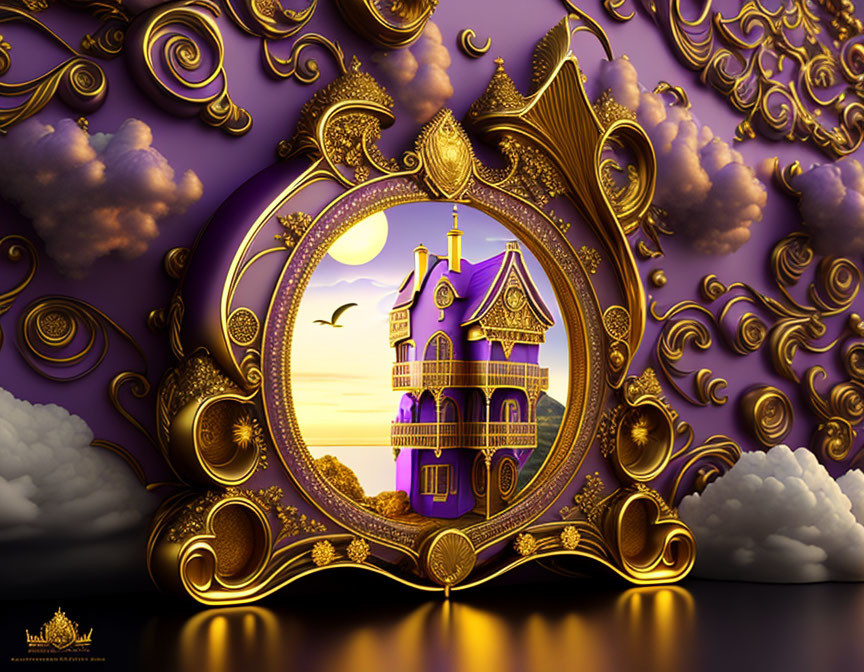 Golden frame with Victorian-style purple house, bird, and ornamental sky.