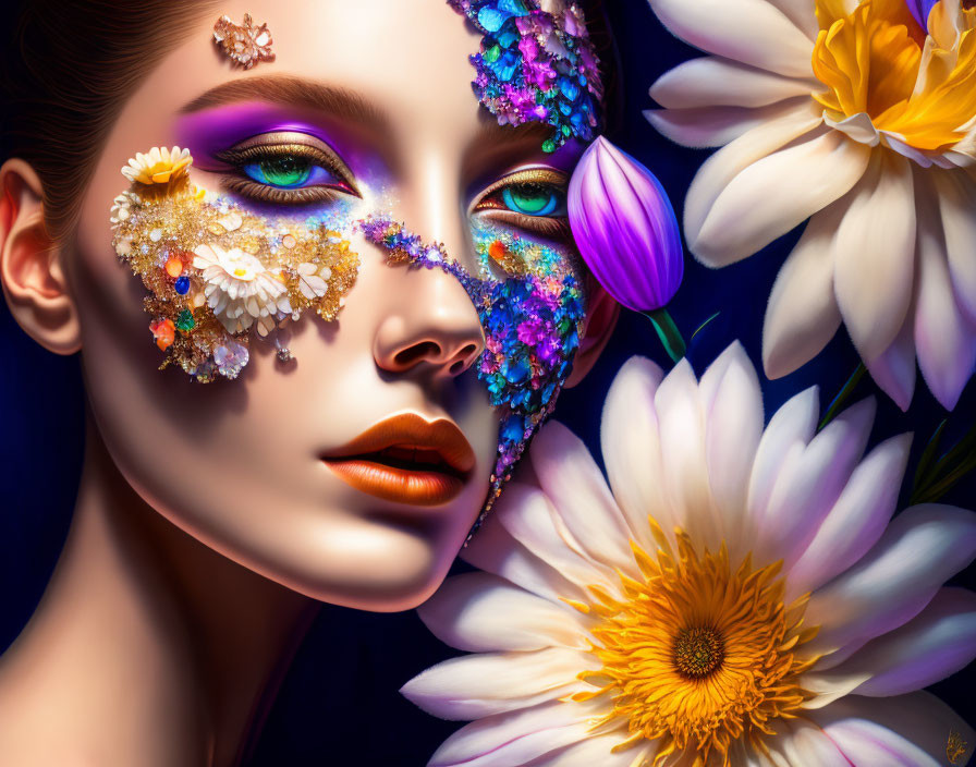 Vibrant floral makeup digital portrait with jewel details on dark background