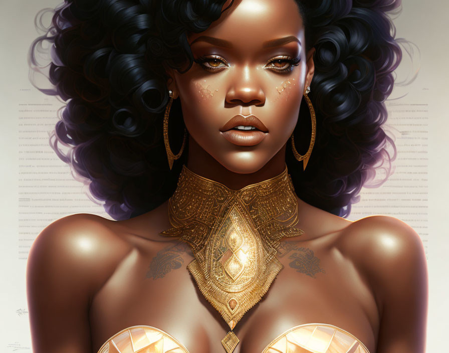 Digital portrait of woman with curly black hair, golden tattoos, bronze top