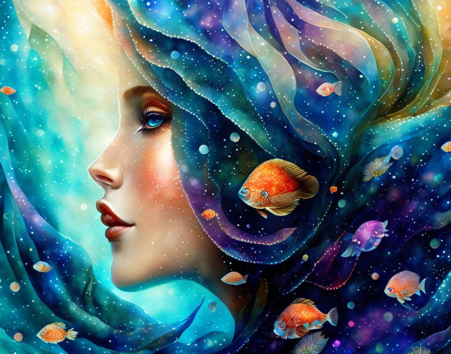 Colorful Woman's Profile Blending into Cosmic Aquatic Scene