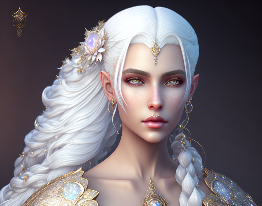 Fantasy elf digital portrait with white braided hair and gold jewelry