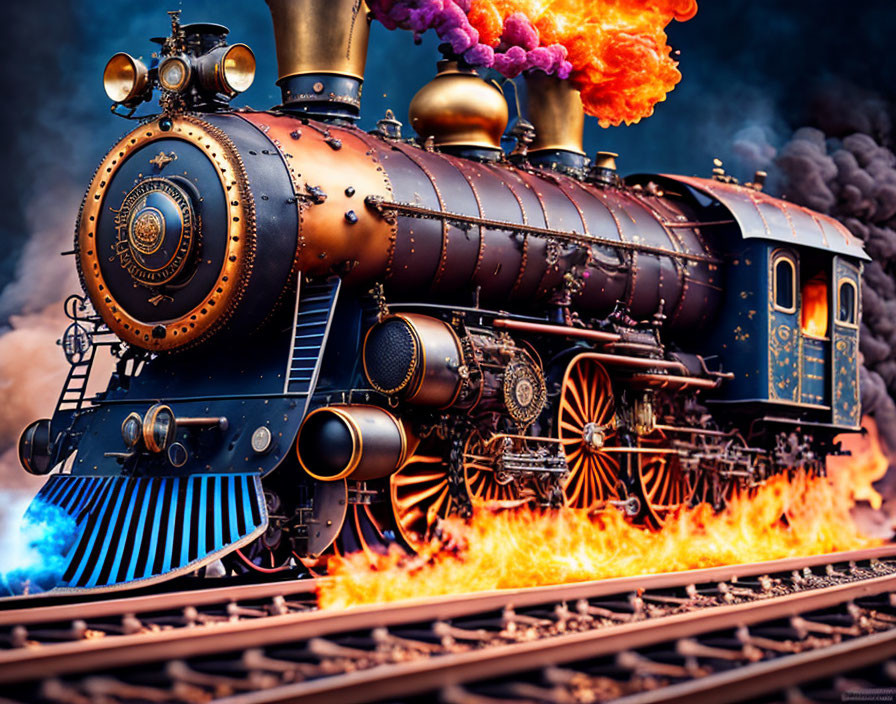 Detailed Vintage Locomotive Surrounded by Flames and Colorful Smoke