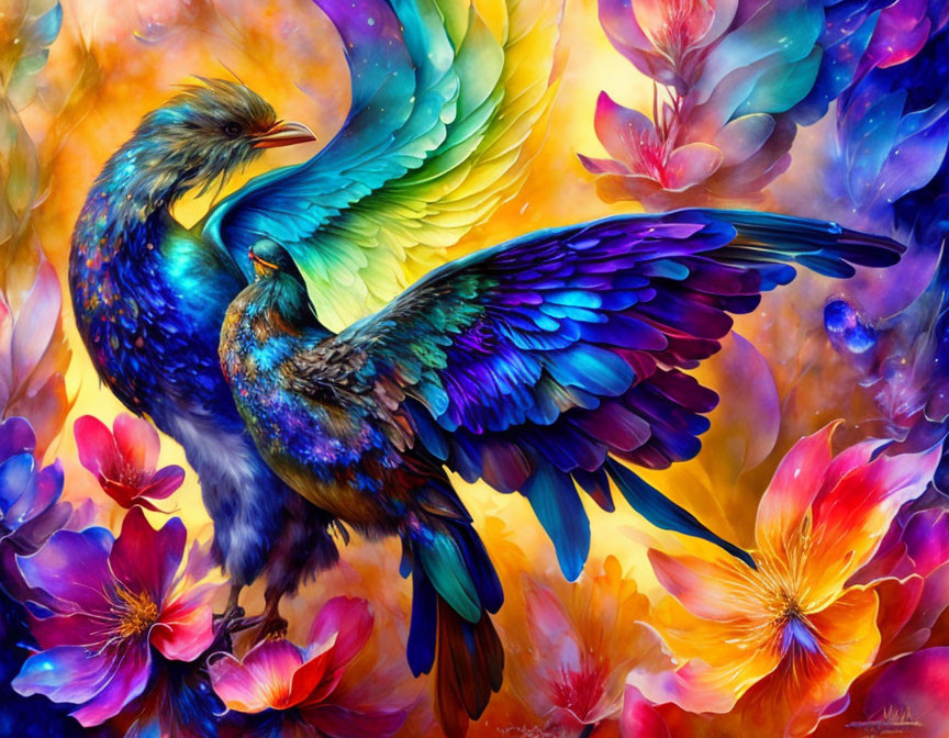 Colorful artwork featuring stylized birds and fantastical flora