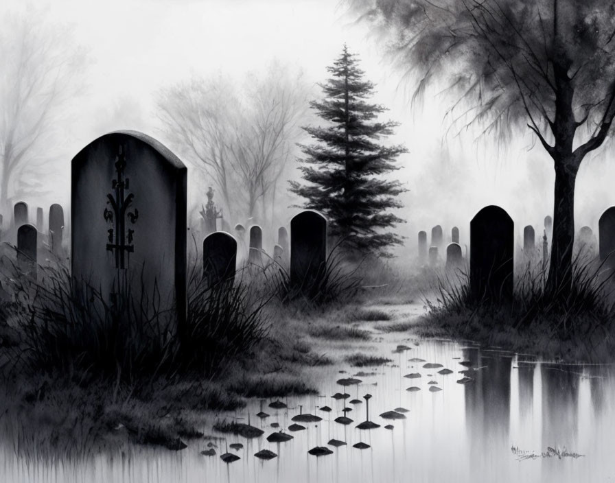 Monochromatic cemetery scene with tombstones, winding pathway, reflective water, and misty trees.