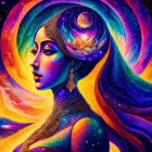 Colorful digital artwork: Woman with flowing hair and butterflies in cosmic background