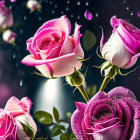 Colorful roses with water droplets and butterflies in soft rainfall.