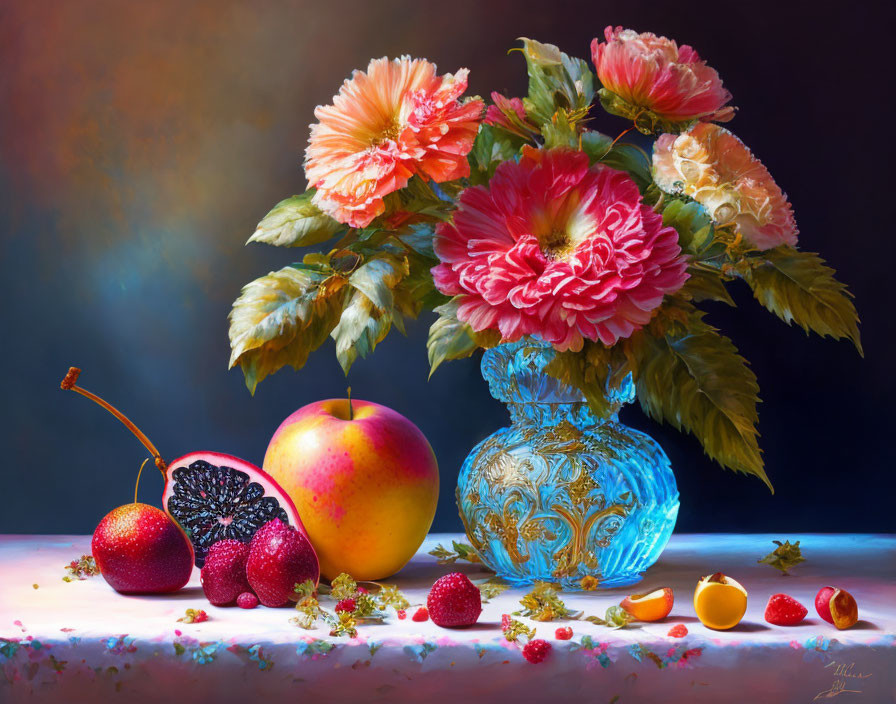 Colorful still life painting with pink flowers, fruits in blue vase on dark backdrop