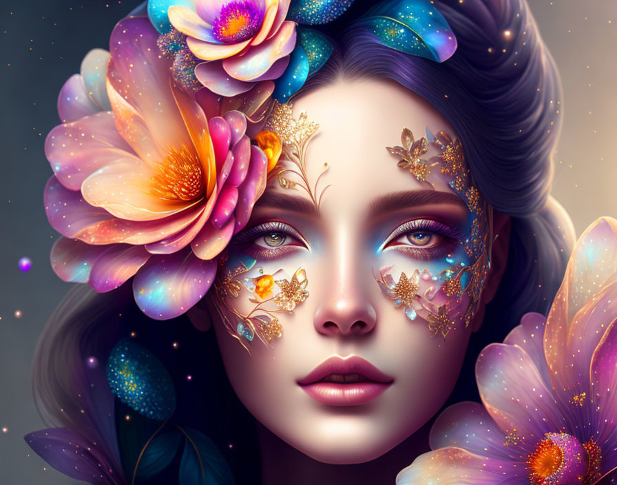 Vibrant digital artwork: Woman with floral adornments and sparkling makeup