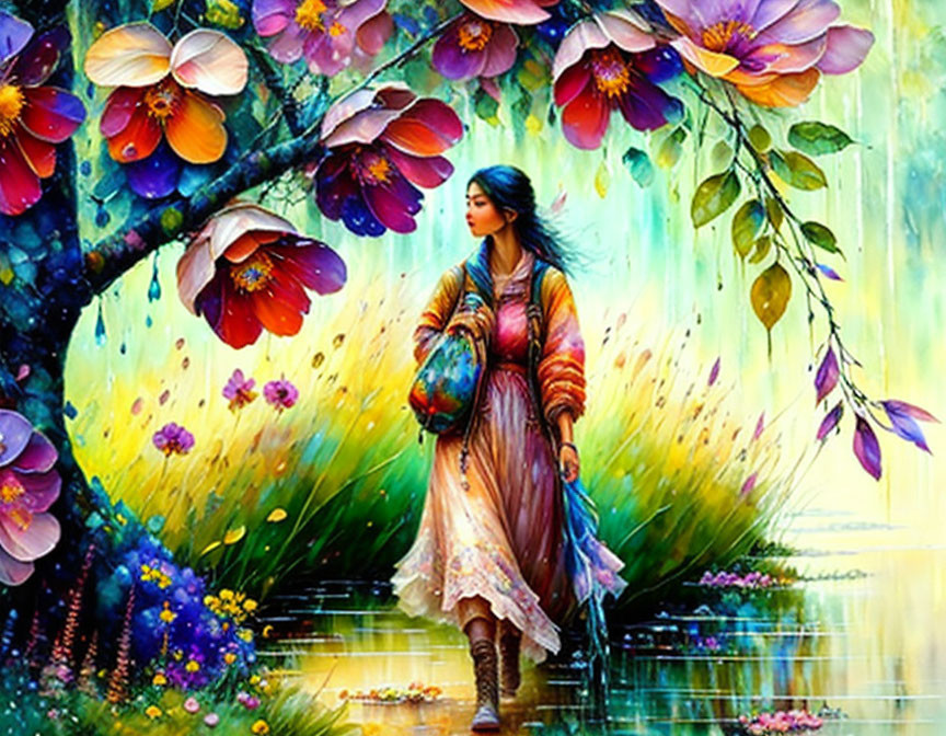 Colorful painting: Woman under blooming tree with water reflection