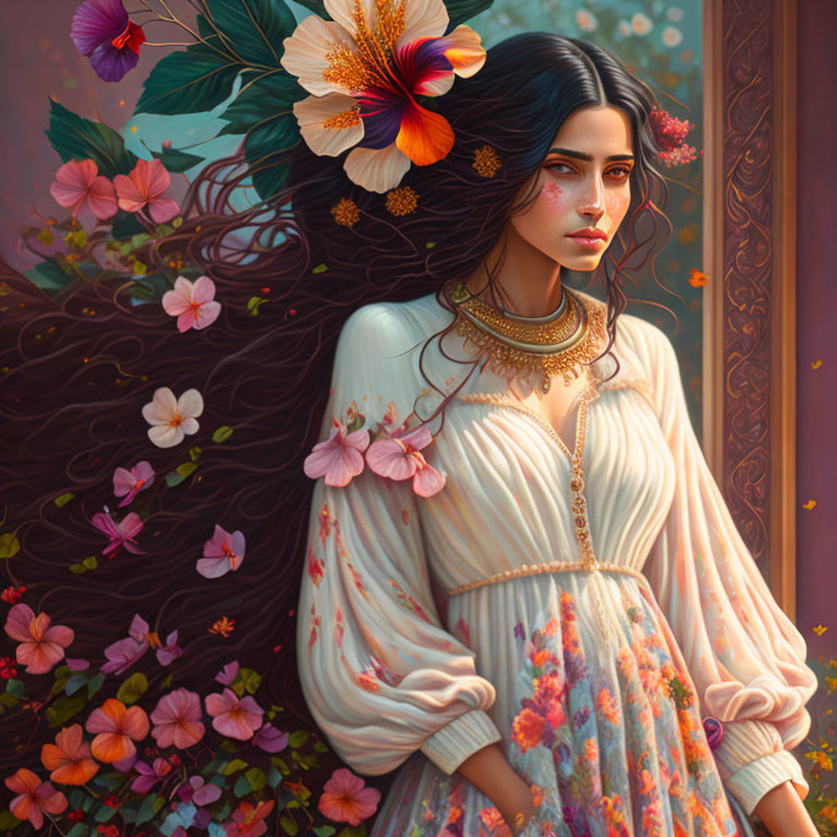 Detailed illustration: Woman with dark hair, floral attire, jewelry, surrounded by flowers