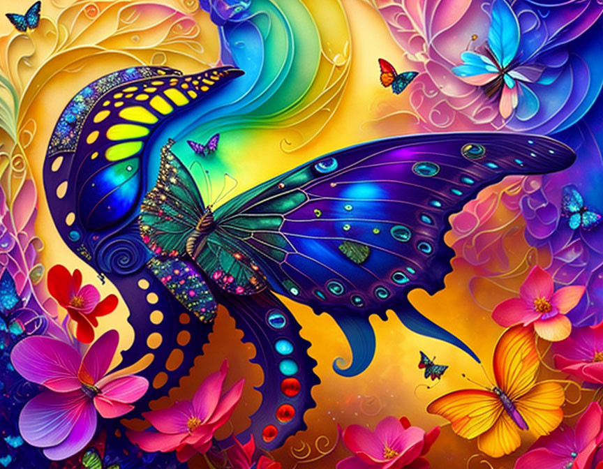 Colorful digital artwork of a large blue butterfly surrounded by flowers