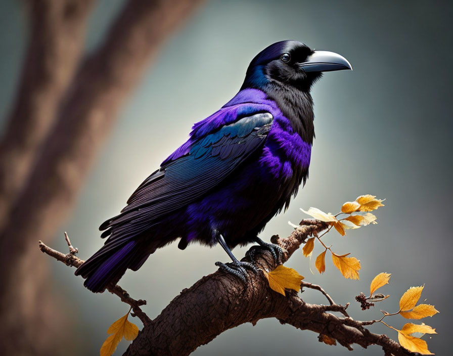 Vibrant Purple and Black Crow on Branch with Yellow Leaves