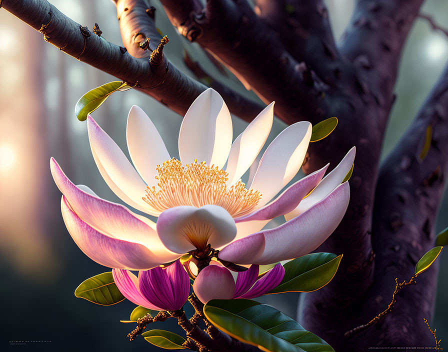 Colorful magnolia flower with white and purple petals and golden center in soft sunlight