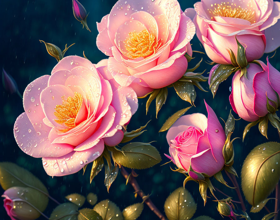 Vibrant pink roses with dewdrops on dark, rainy backdrop