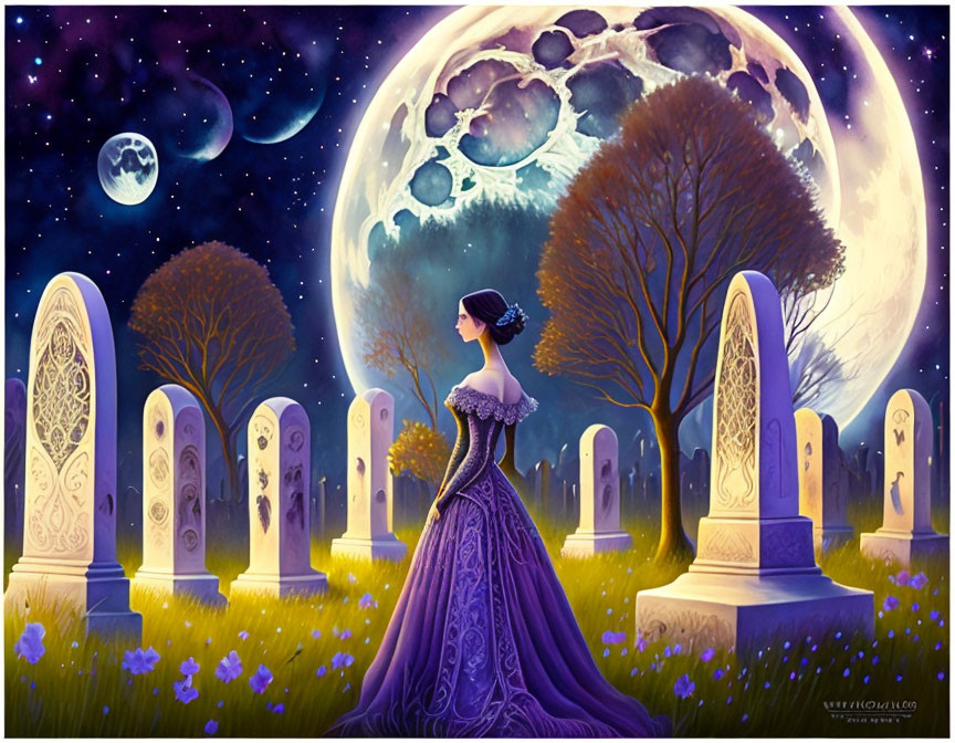 Victorian woman in mystical graveyard with moons and purple hues