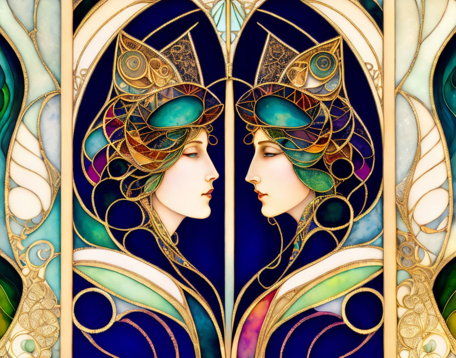 Art Nouveau Style Illustration of Women in Ornate Headdresses