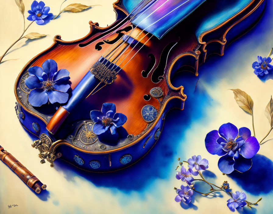 Detailed painting of violin with blue flowers, leaves, antique coins on beige background