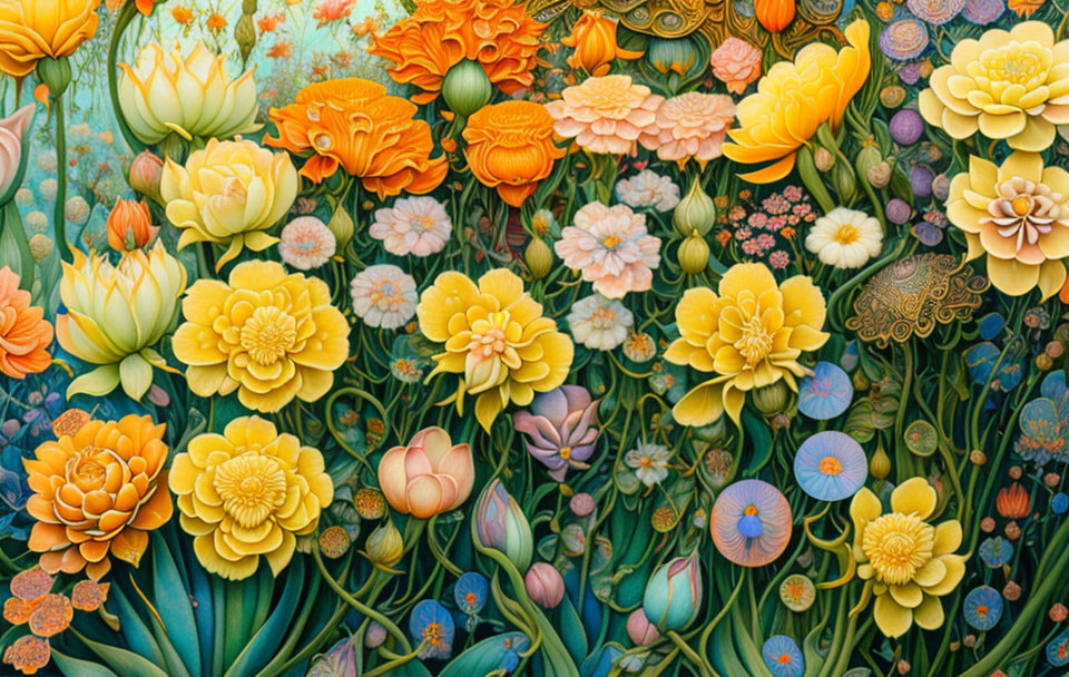 Colorful Floral Illustration with Yellow and Orange Flowers